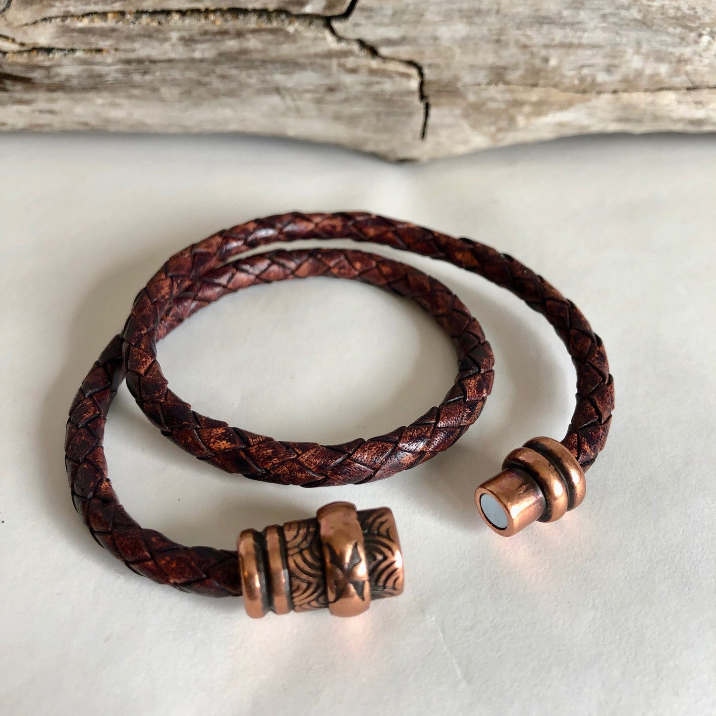Leather bracelet finished with a stunning copper magnetic clasp.