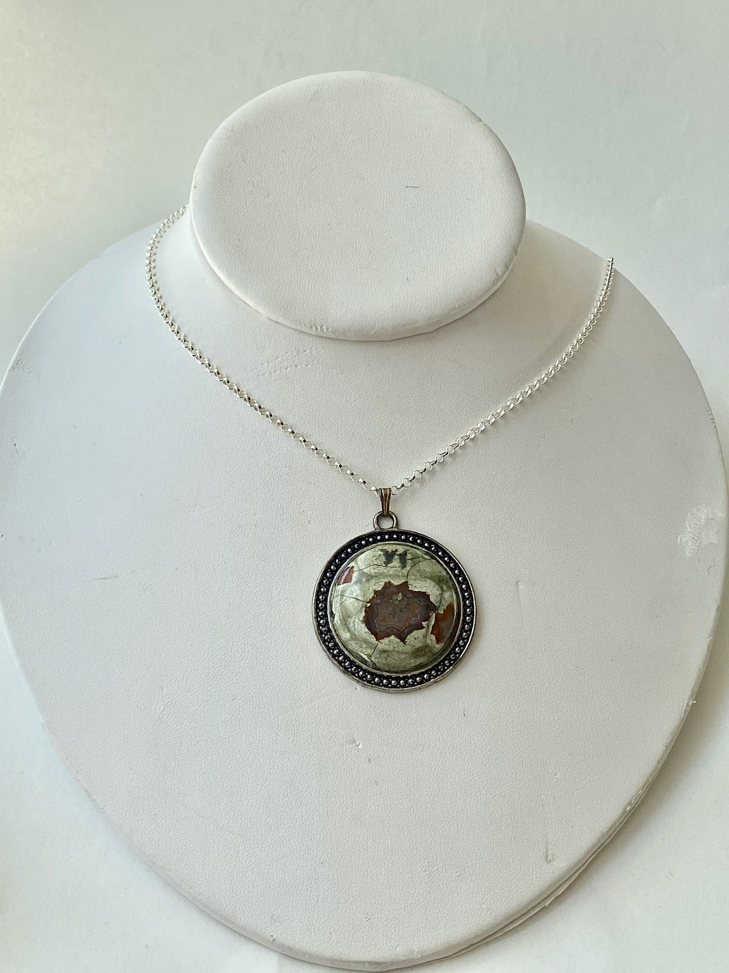 Stunning Rhyolite gemstone pendant strung on beautiful sterling silver chain. Gift for women, birthday gift.