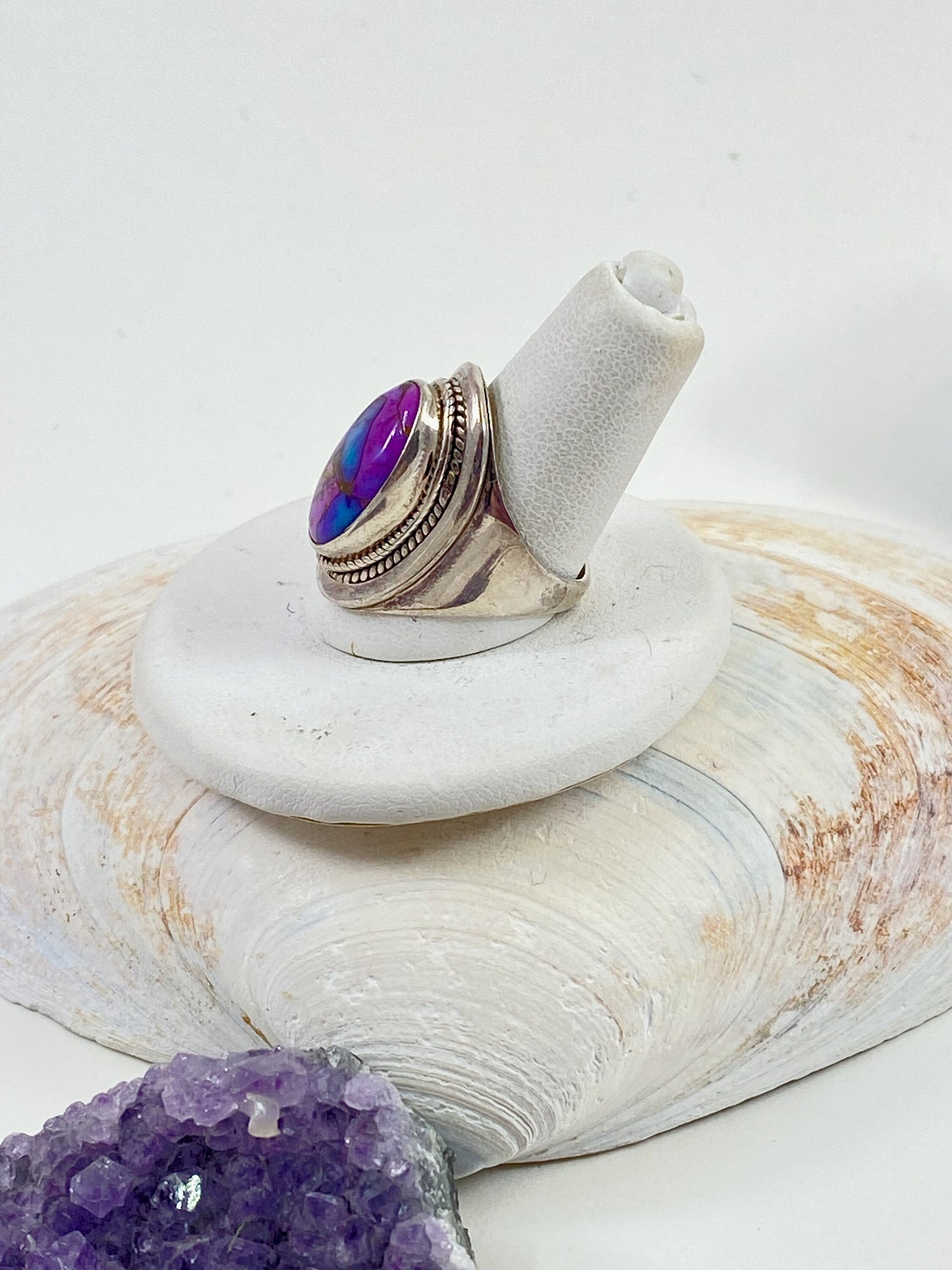 Gorgeous handmade purple, blue and copper turquoise and sterling silver ring. This is a size 6 stunning ring.