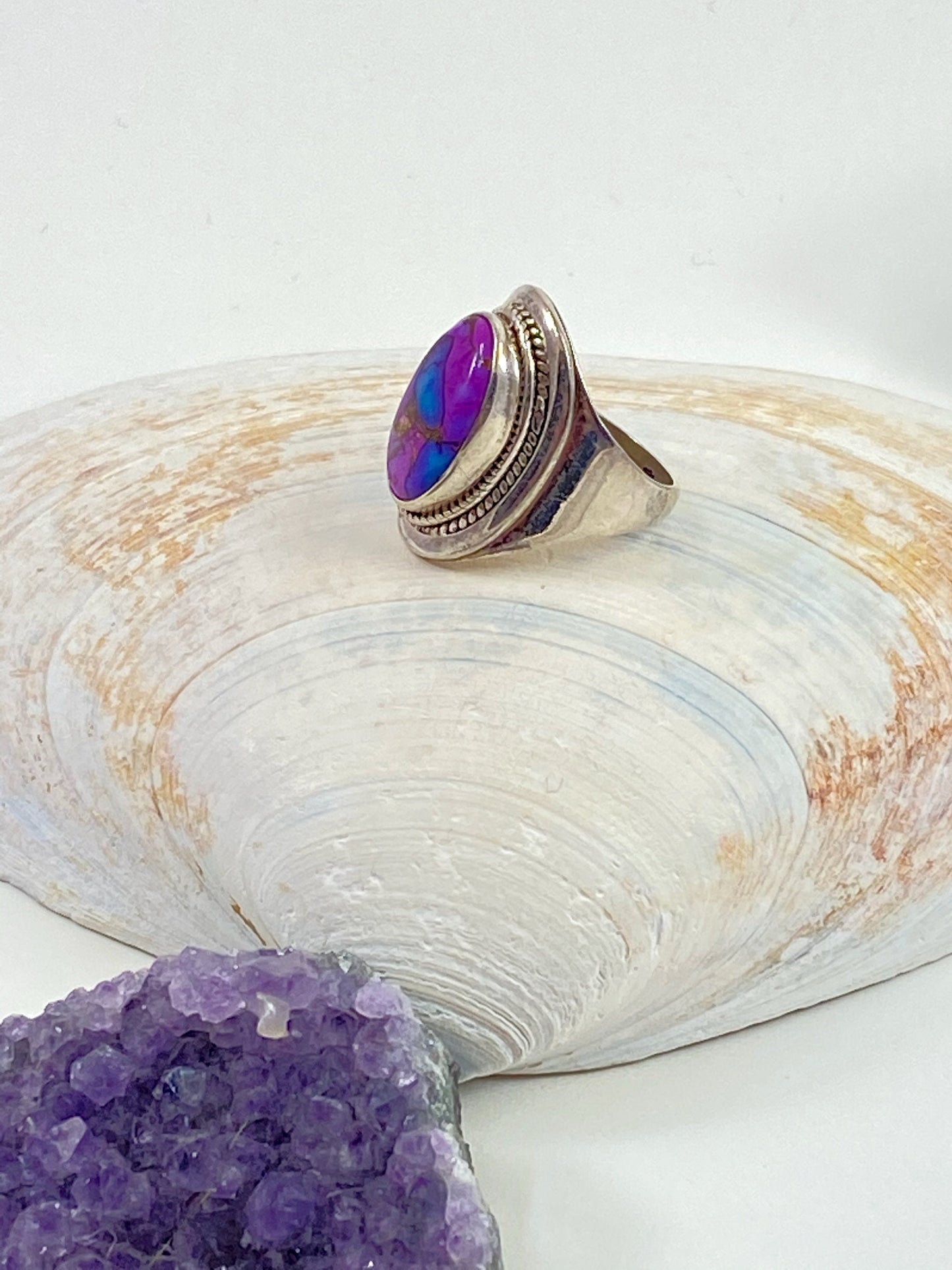 Gorgeous handmade purple, blue and copper turquoise and sterling silver ring. This is a size 6 stunning ring.