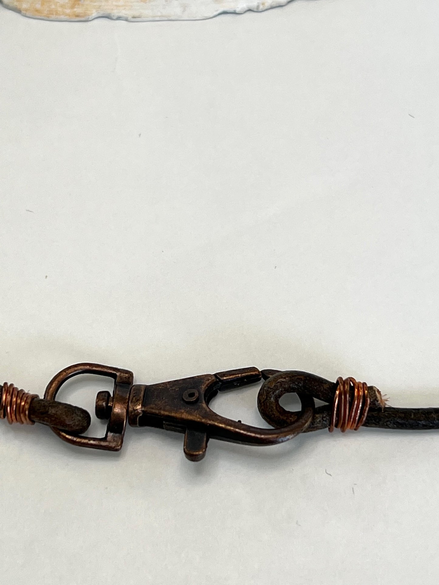 Leather Necklace with large copper lobster clasp as focal design. Distressed Italian dark brown soft leather.