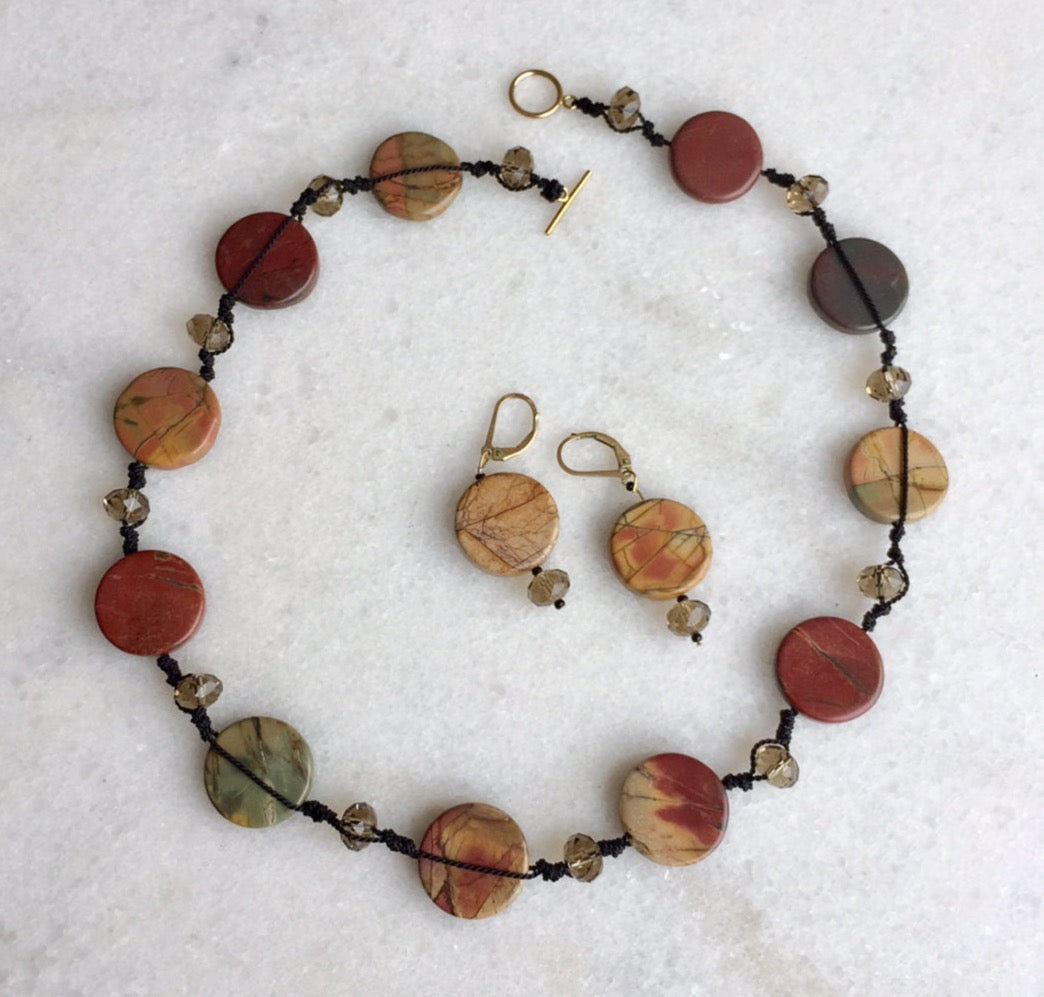 Stunning knotted gemstone jasper and crystal necklace and matching earrings, for women.