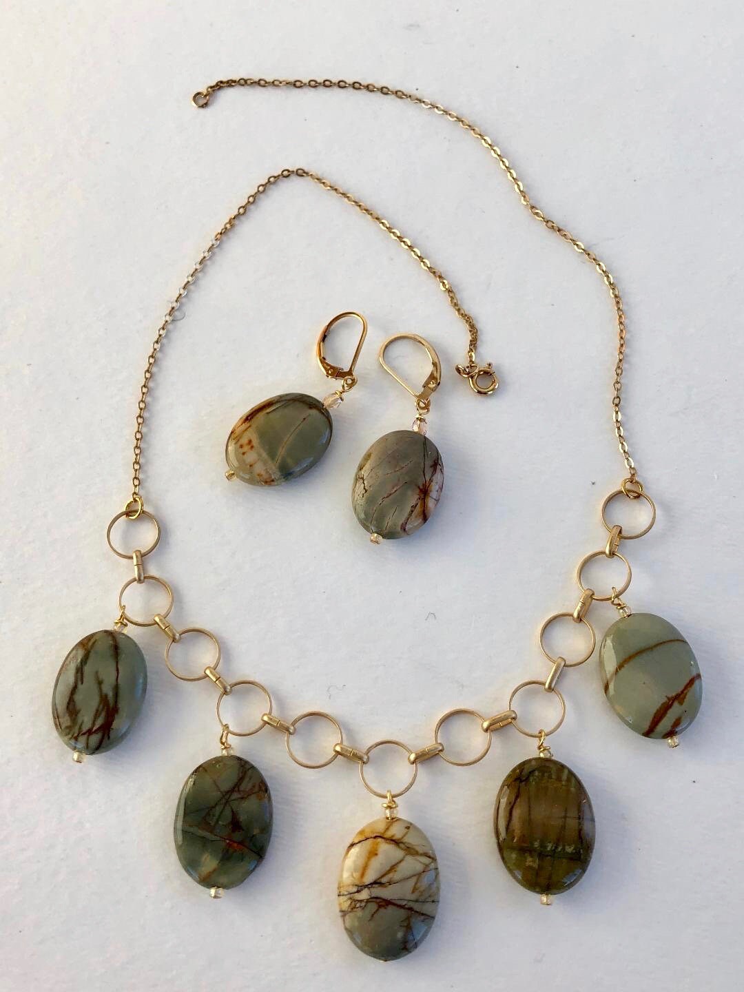 Jasper necklace.   Grounding and centering. Gemstones drop from gold metal circles, stung on a gold filled chain.