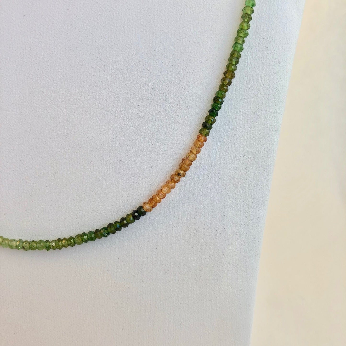 Soft and lovely tourmaline stone necklace, 19 " long, finished with a perfect sterling silver clasp.