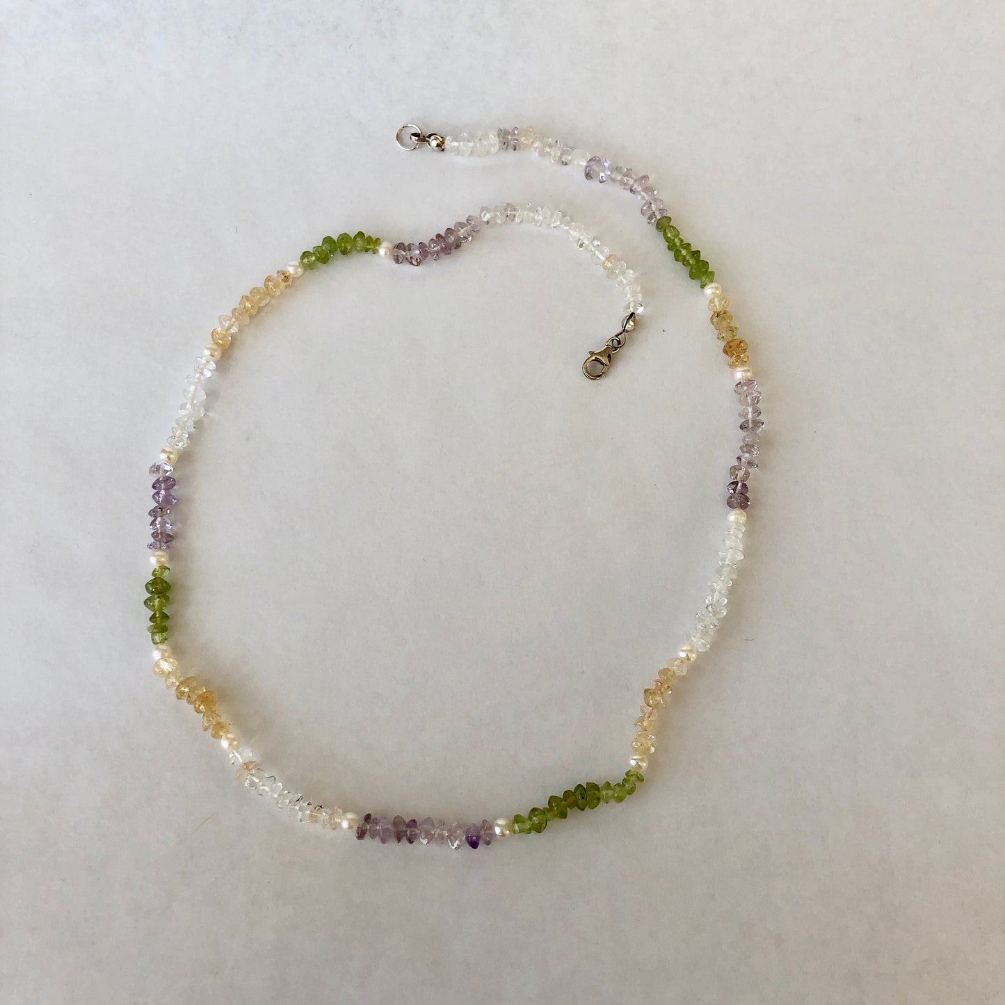Soft and lovely Fluorite stone and pearl necklace, 19 " long, finished with a perfect sterling silver clasp.