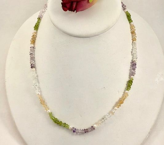 Soft and lovely Fluorite stone and pearl necklace, 19 " long, finished with a perfect sterling silver clasp.