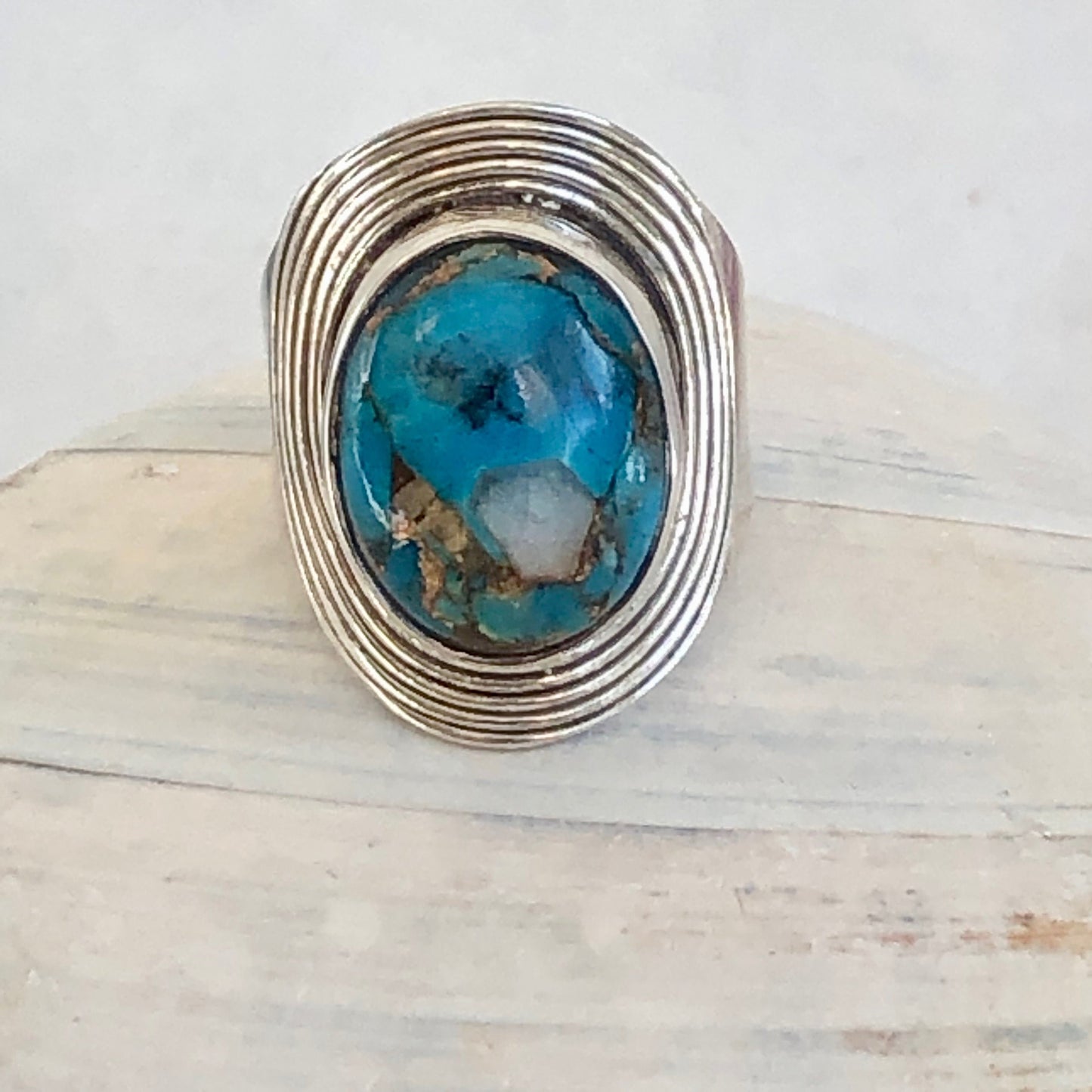 Handmade turquoise with copper veins and sterling silver size 6.5  ring