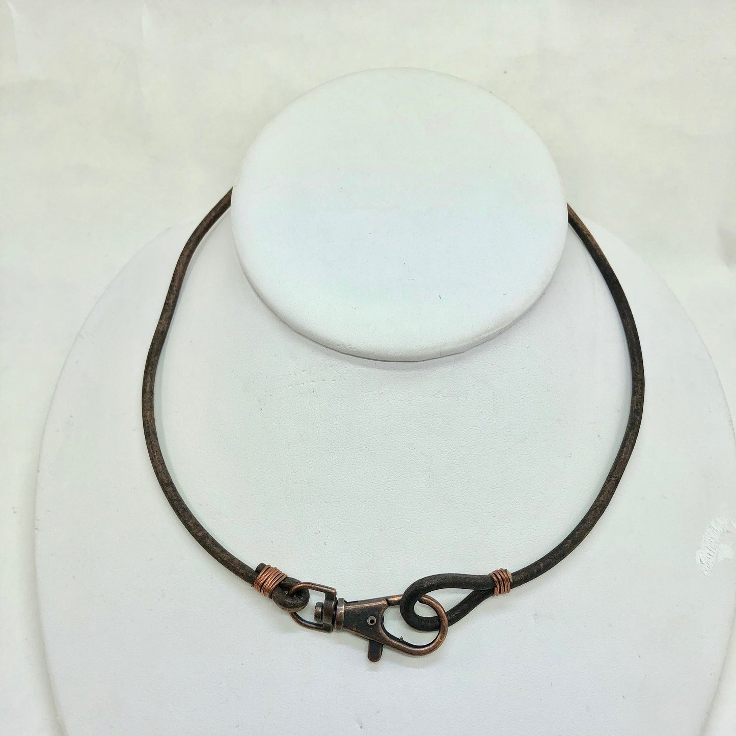 Leather Necklace with large copper lobster clasp as focal design. Distressed Italian dark brown soft leather.