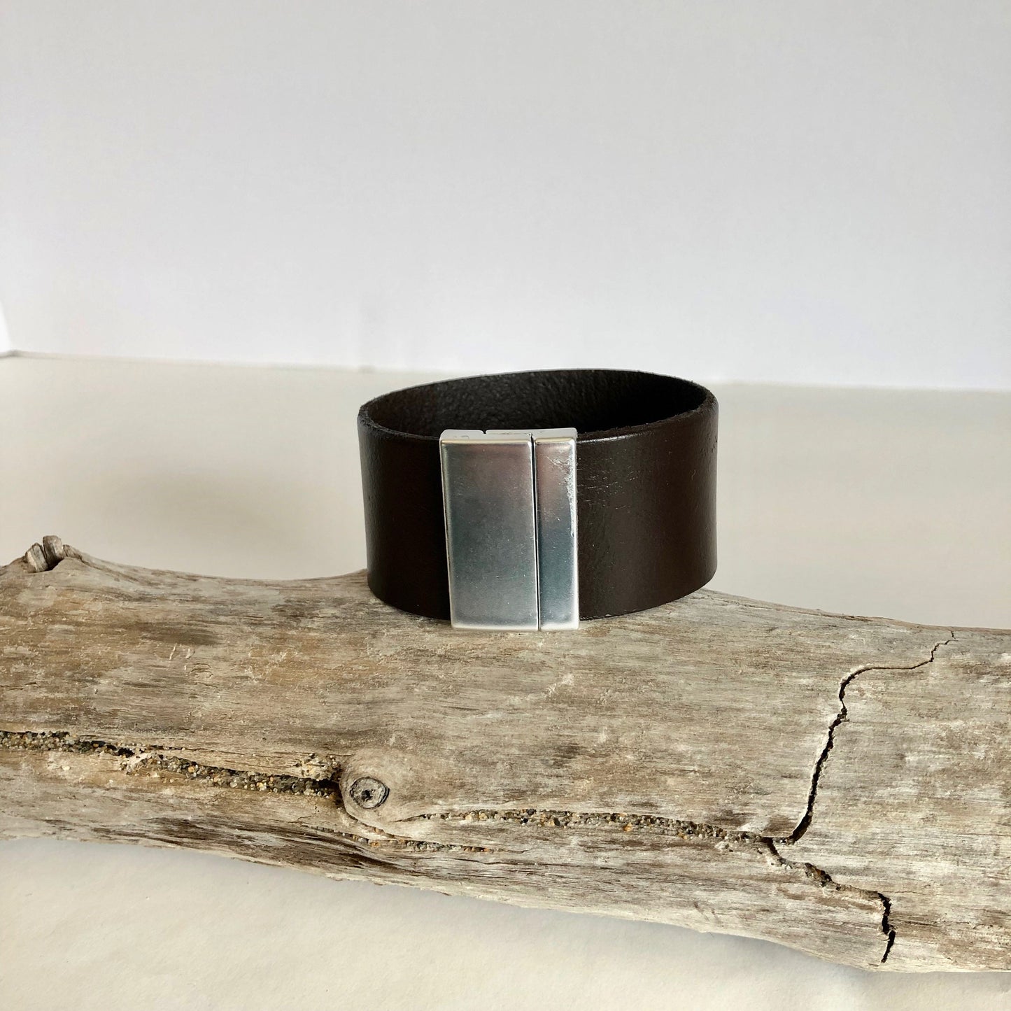Leather bracelet, made with beautiful wide black Italian leather, and finished with a quality silver magnetic clasp.