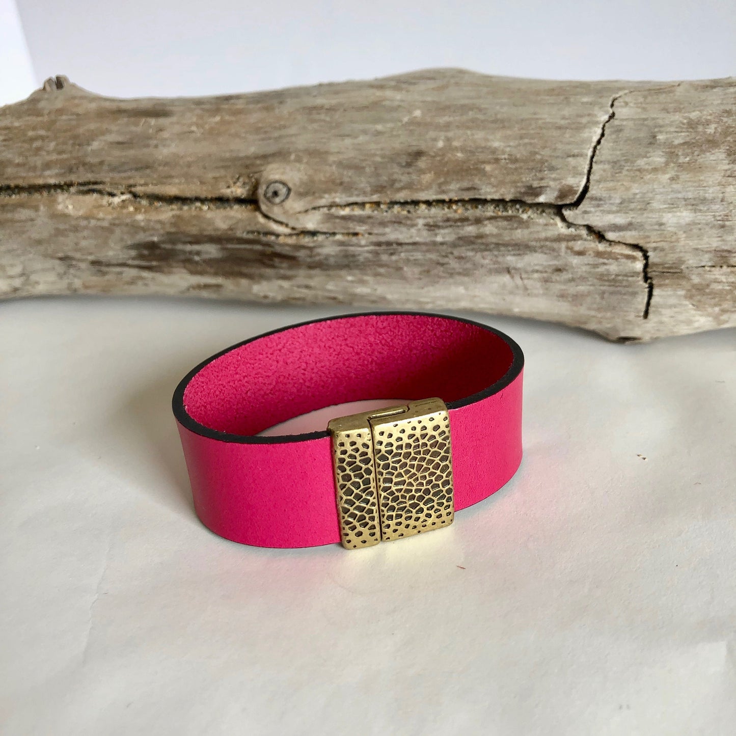 Leather bracelet, made with beautiful birth pink  Italian leather, and finished with a quality distressed bronze magnetic clasp.