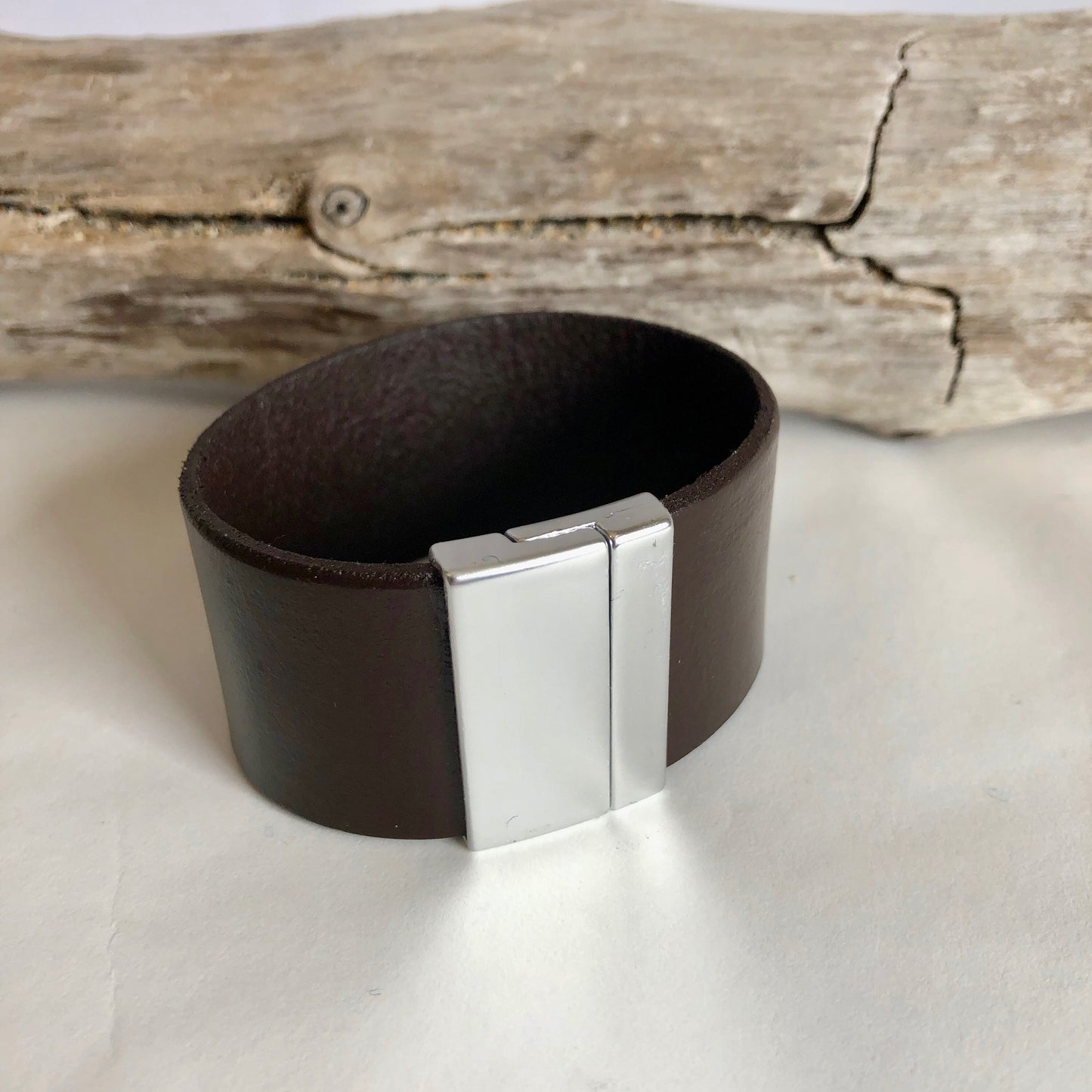 Leather bracelet, made with beautiful wide black Italian leather, and finished with a quality silver magnetic clasp.