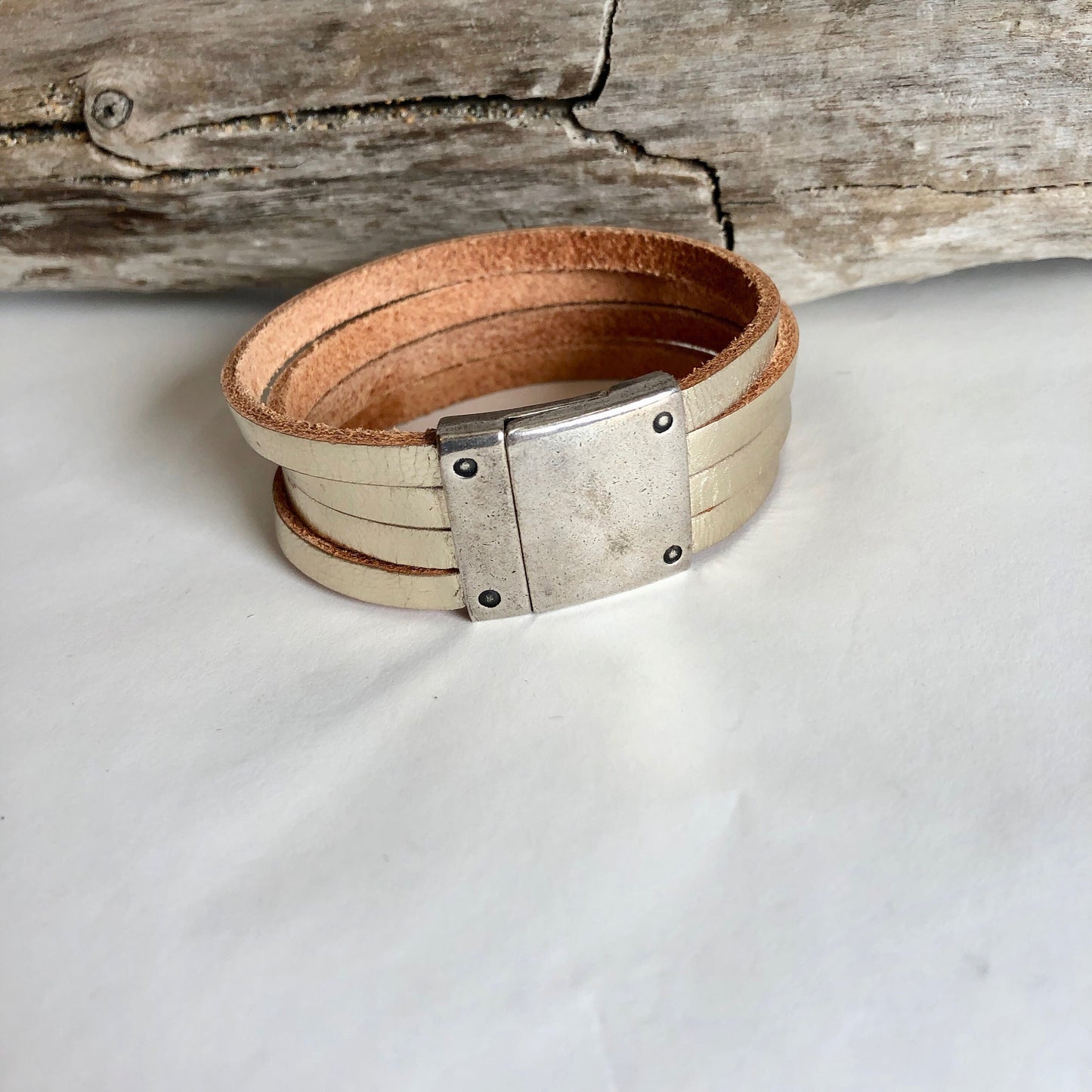 Leather bracelet, made with beautiful soft gold Italian leather, and finished with a quality silver magnetic riveted clasp.