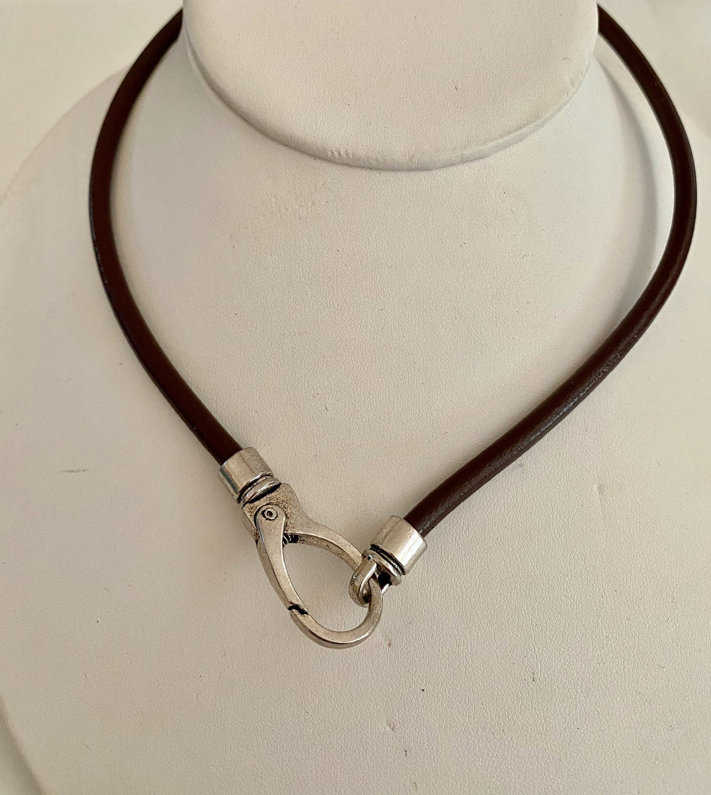 Leather Necklace. Black Italian leather choker necklace fashioned with a center silver large lobster and loop clasp.