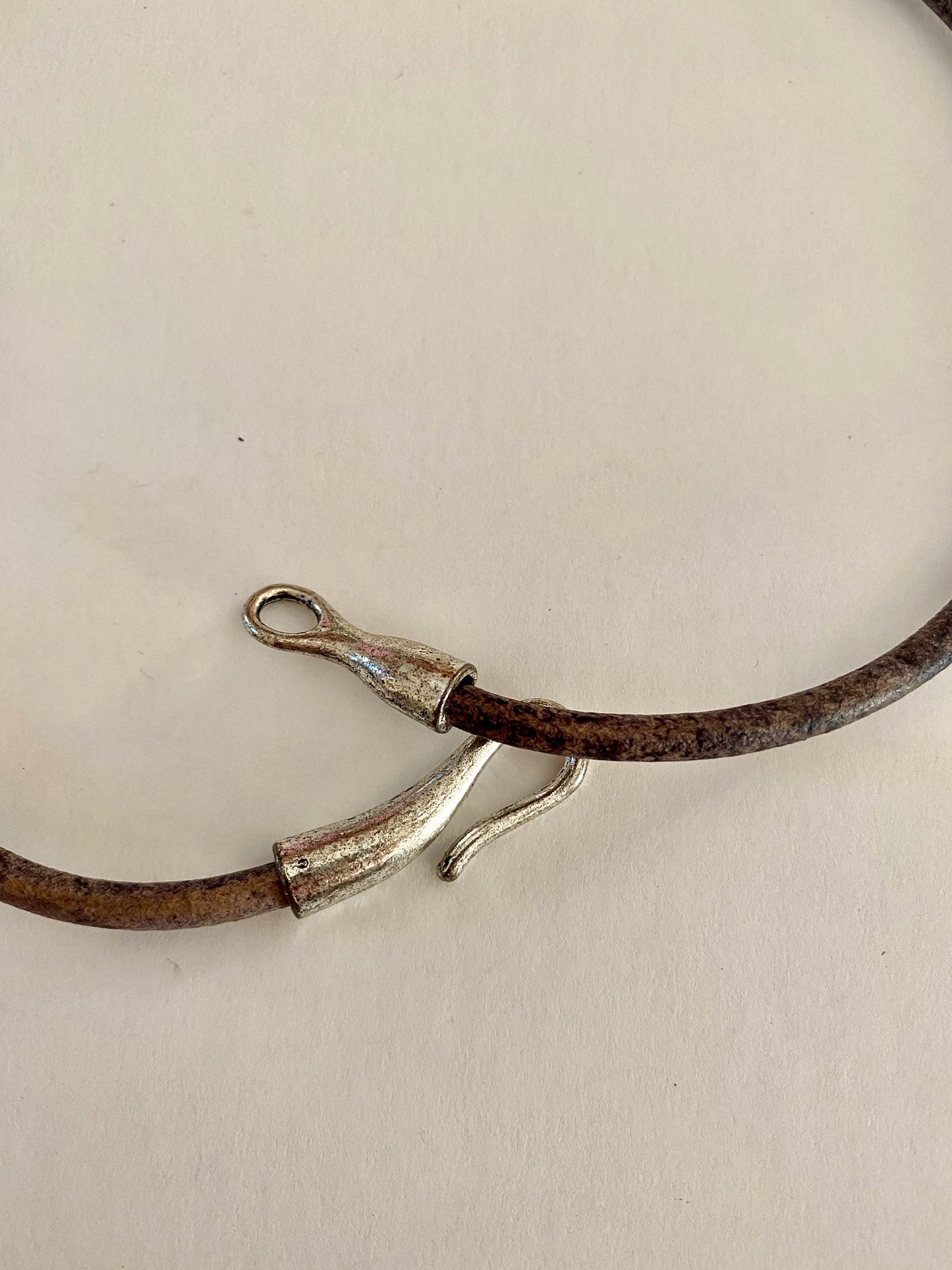 Leather Necklace.  Beautiful distressed Italian brown leather choker necklace fashioned with a large center silver eye clasp.