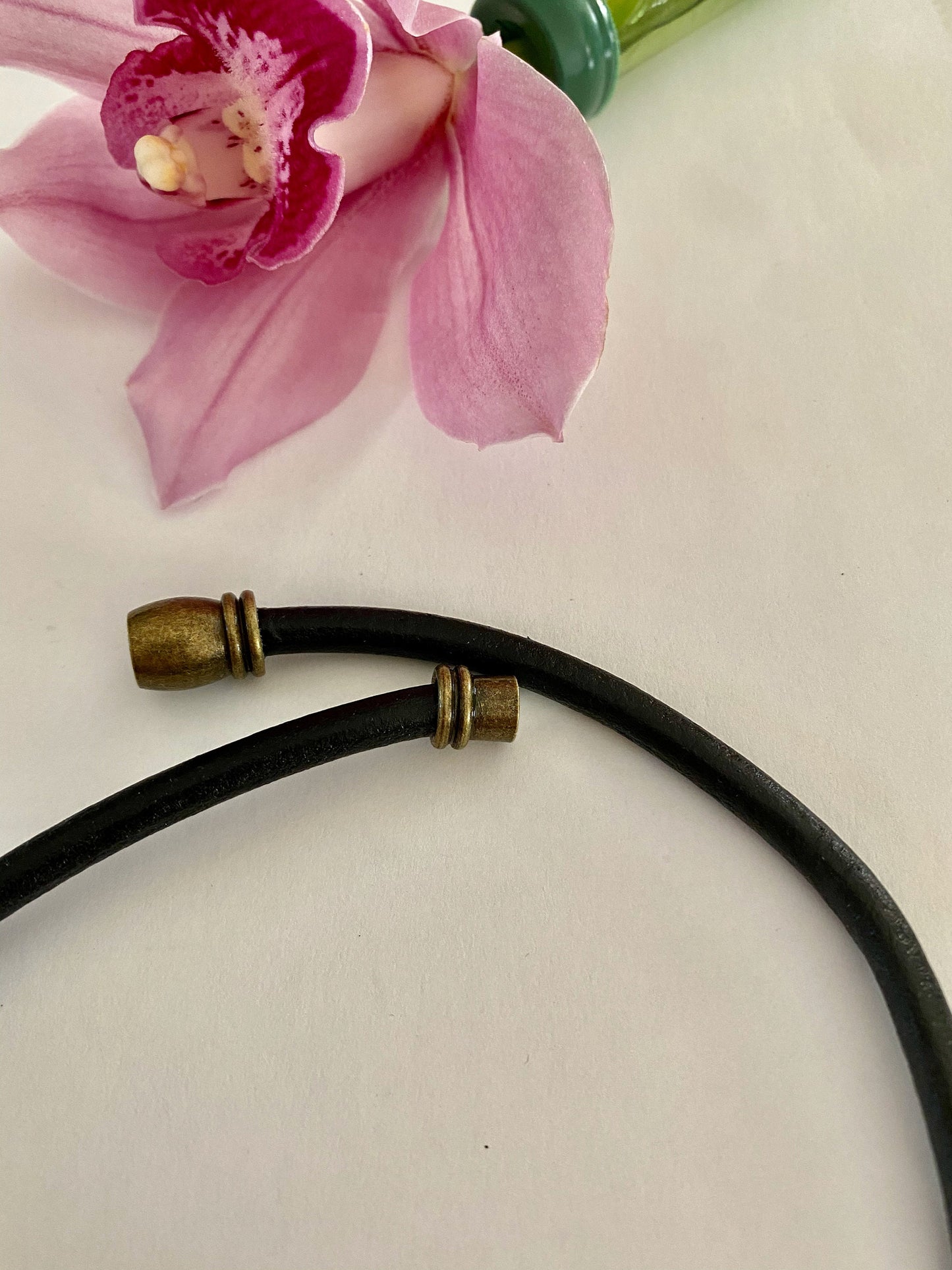 Leather Necklace. Leather choker necklace with striking large brass center tube on soft beautiful Italian leather with brass accent magnetic clasp.