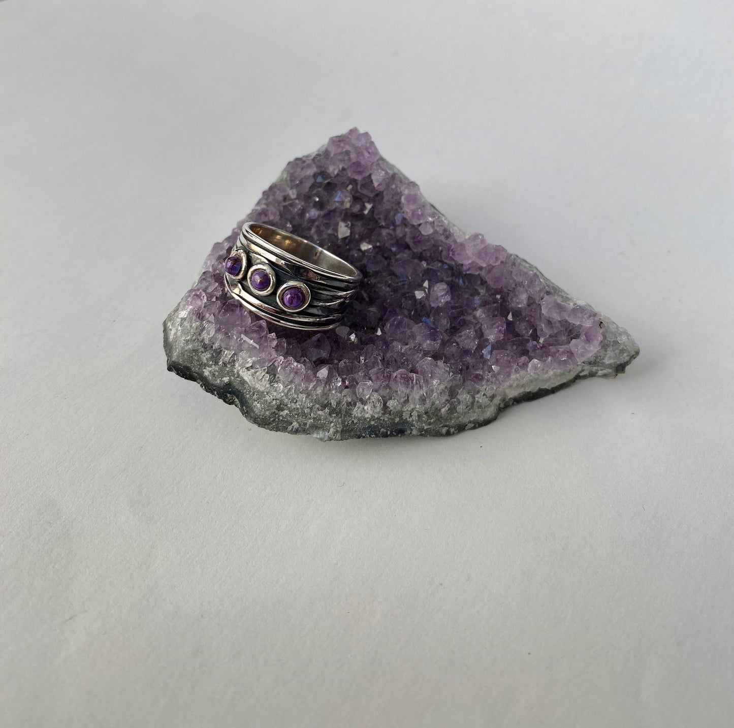 Handmade size 7.5 copper/purple 3 stone turquoise  and  sterling silver ring.