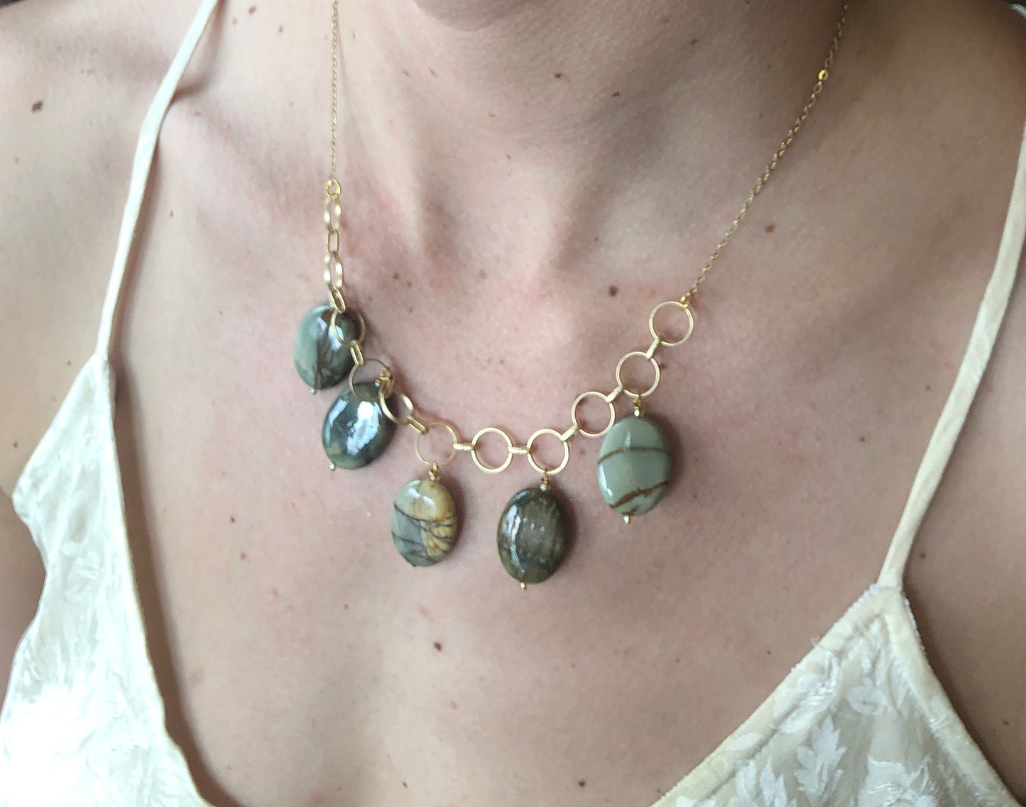 Jasper necklace.   Grounding and centering. Gemstones drop from gold metal circles, stung on a gold filled chain.