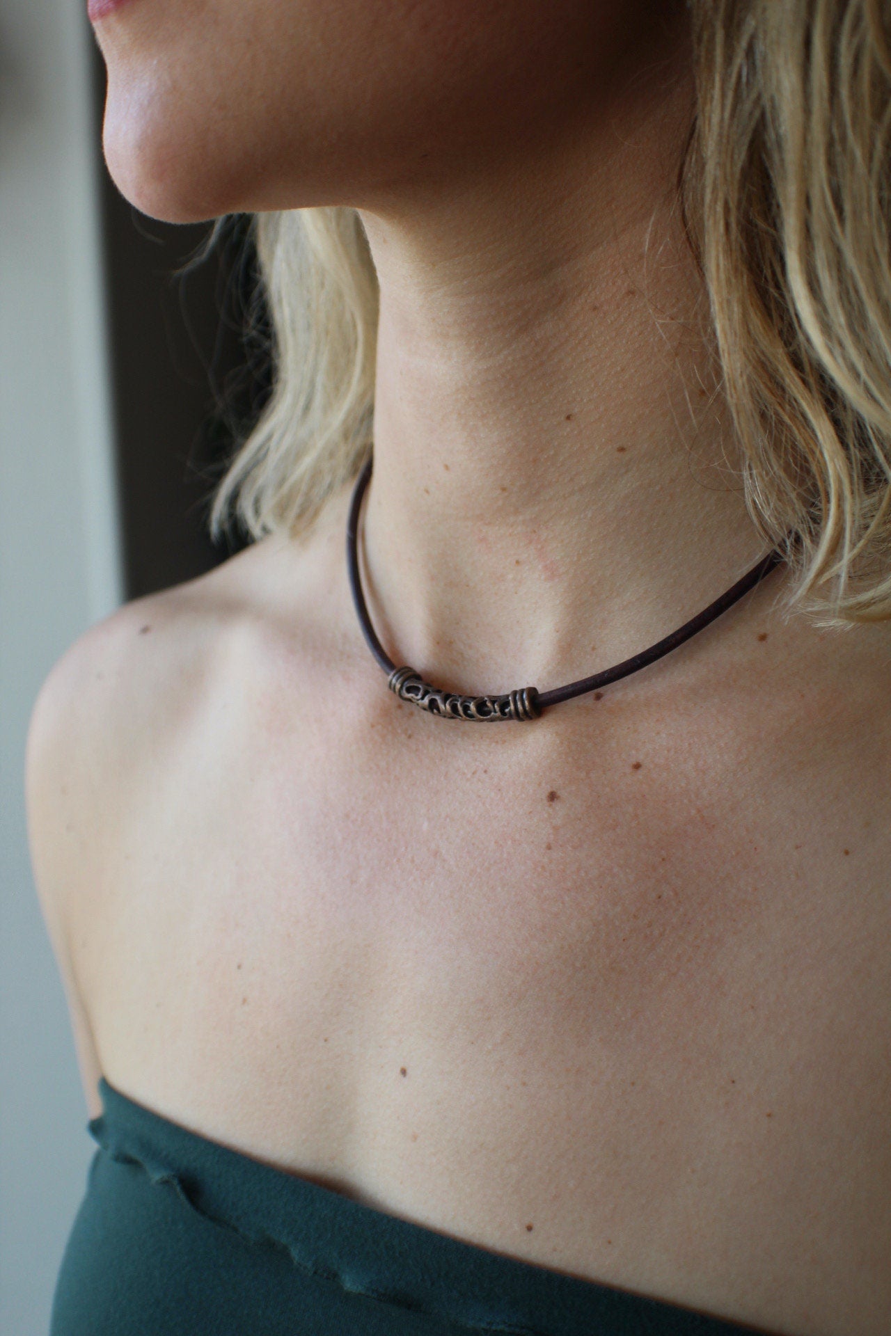 Leather Necklace. Gorgeous brown Italian leather choker necklace with copper filigree center design tube.