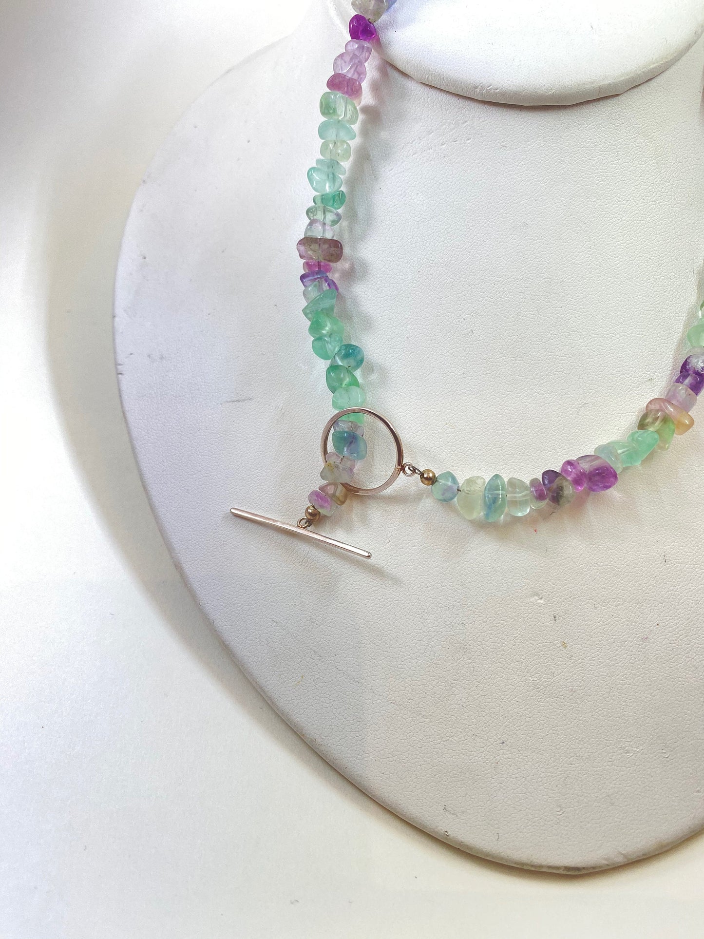 Fluorite and Amazonite beaded necklace. Measures 17" long and is finished with a quality sterling silver toggle clasp.