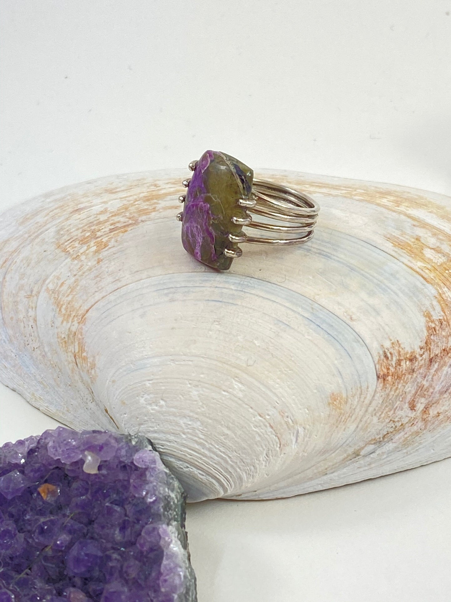 Gorgeous handmade Purperite stone sterling silver ring. This beautiful rectangle cut stone is a size 6 1/2 stunning ring.