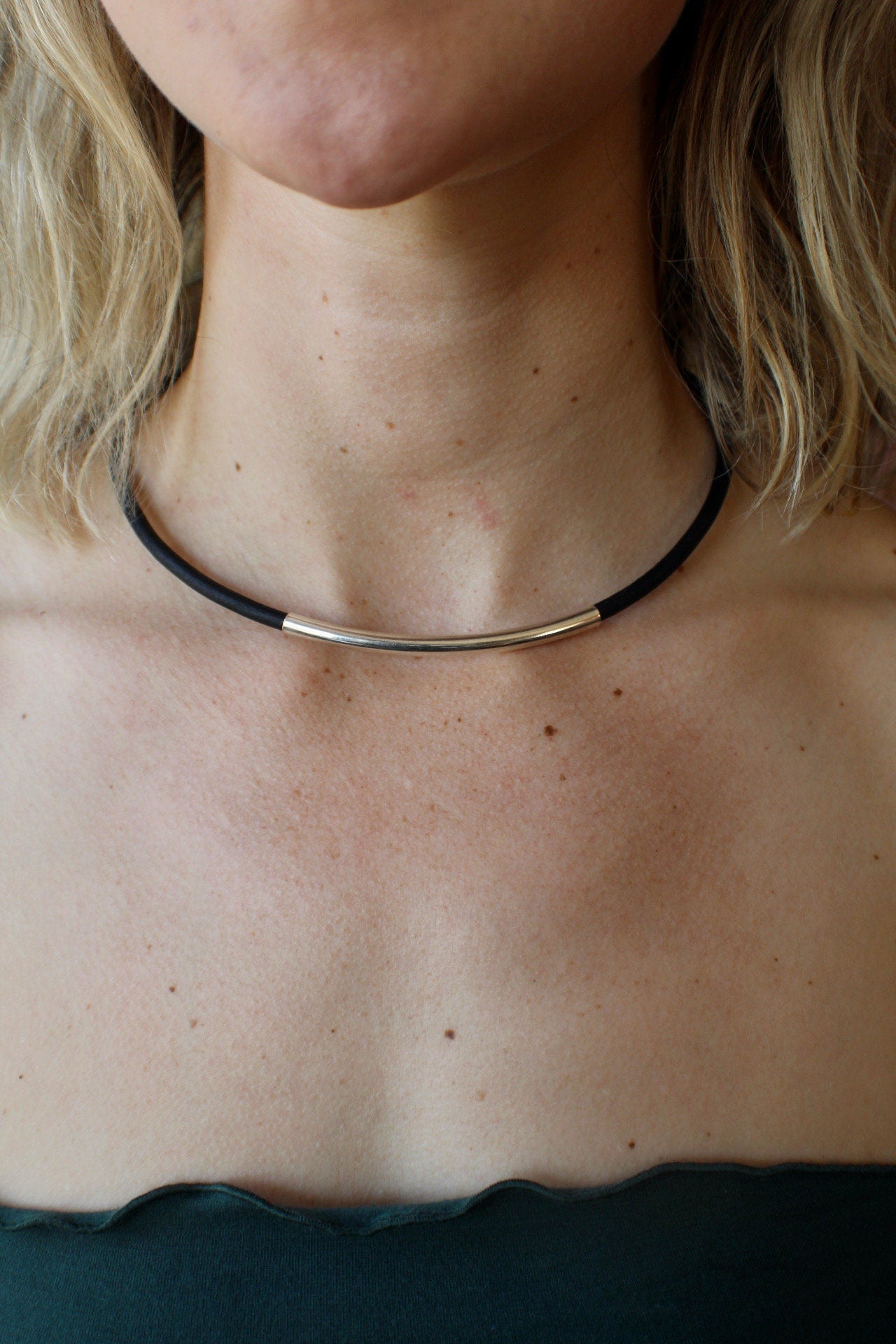 Leather Necklace. Simple black Italian leather and sterling sliver curved tube choker necklace with sterling clasp
