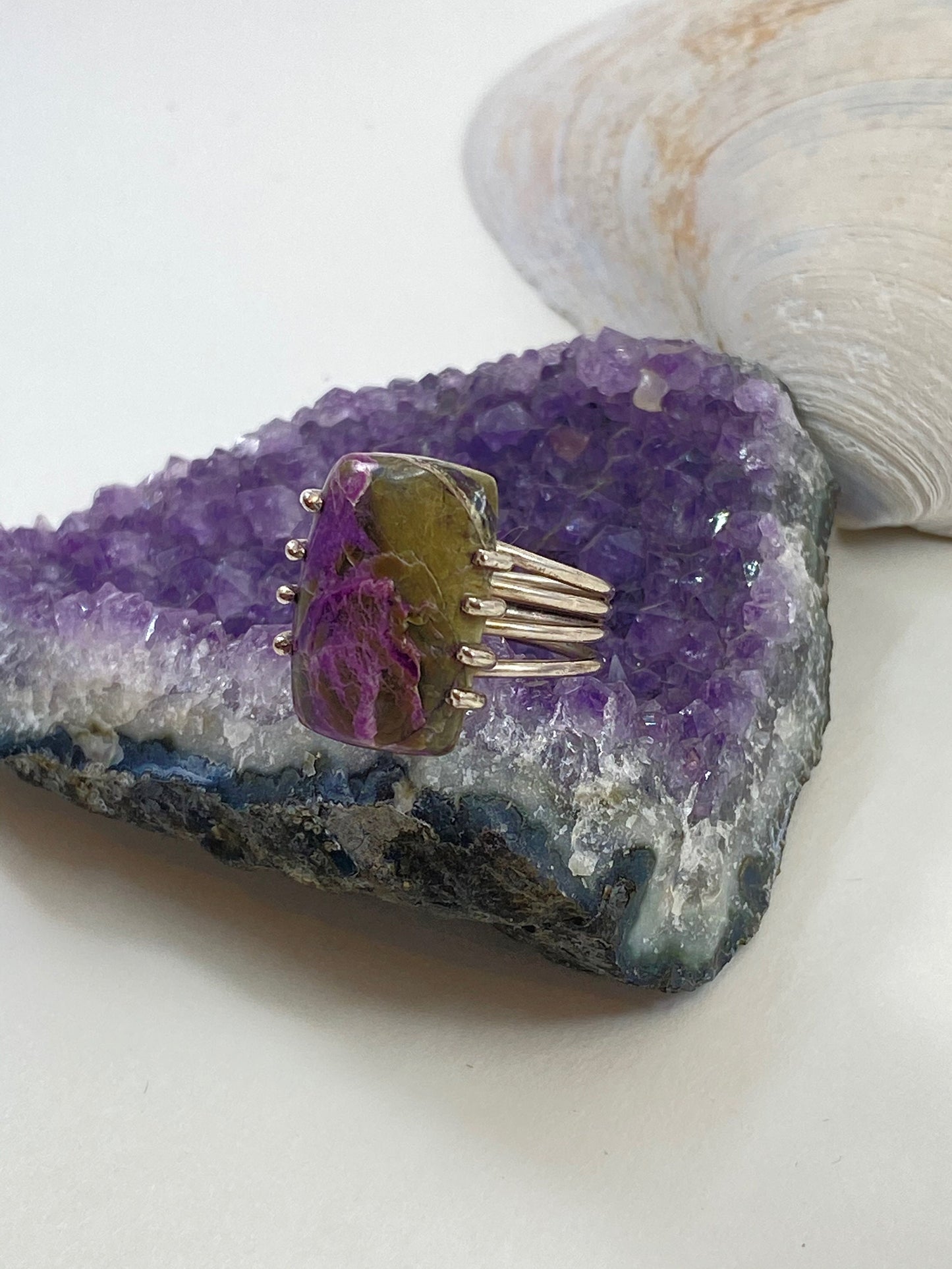 Gorgeous handmade Purperite stone sterling silver ring. This beautiful rectangle cut stone is a size 6 1/2 stunning ring.