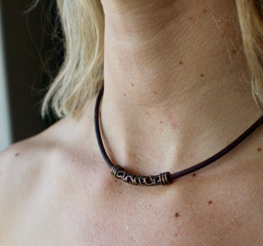 Leather Necklace. Gorgeous brown Italian leather choker necklace with copper filigree center design tube.
