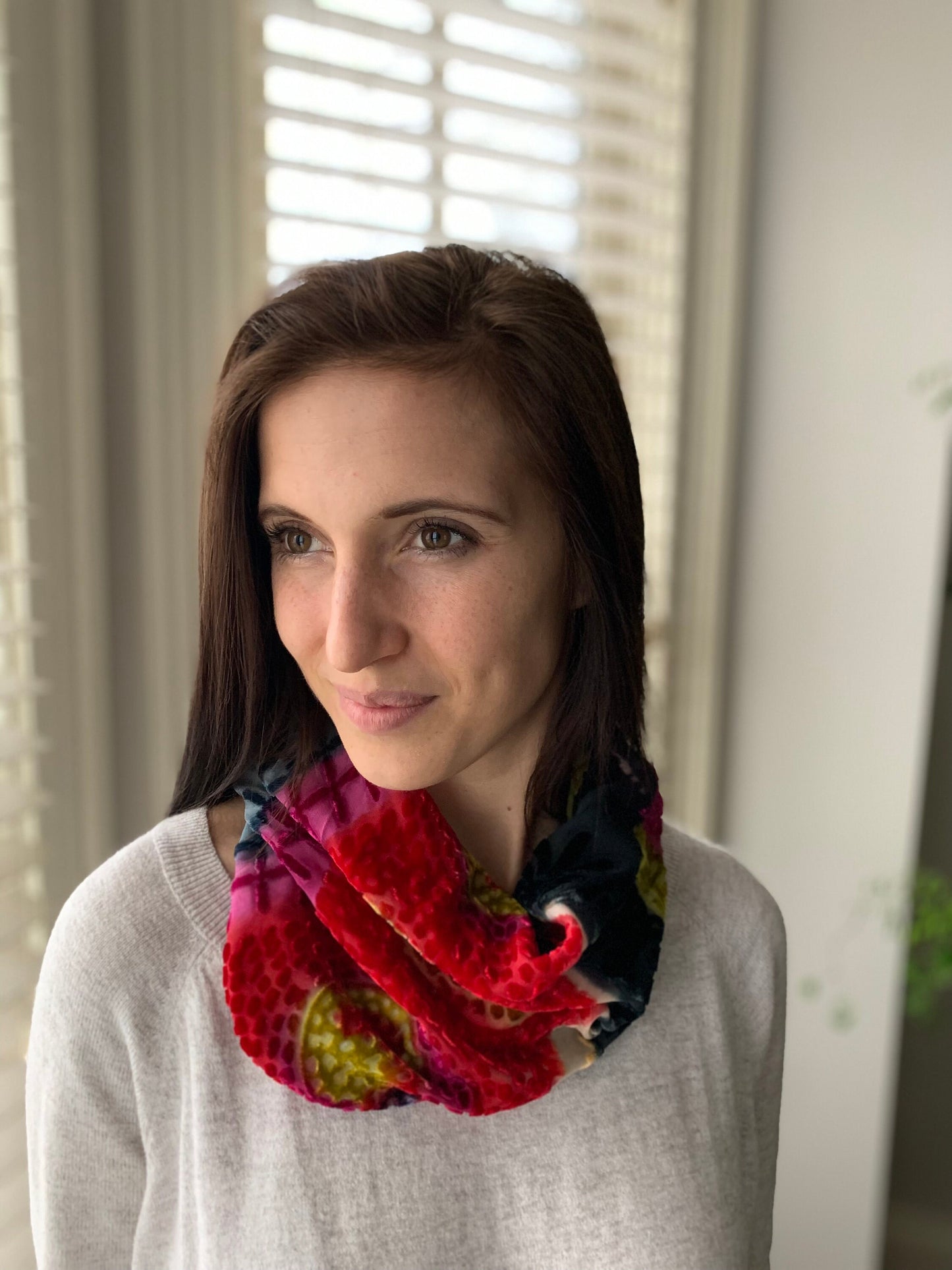 Exquisite pure silk and rayon velvet cowl. Single wrap for comfort, and beauty on your neck.