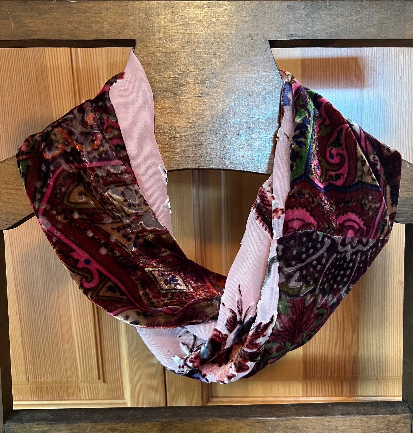 Exquisite pure silk and rayon velvet cowl. Single wrap for comfort, and beauty on your neck. Double sided for intrigue and more beauty.