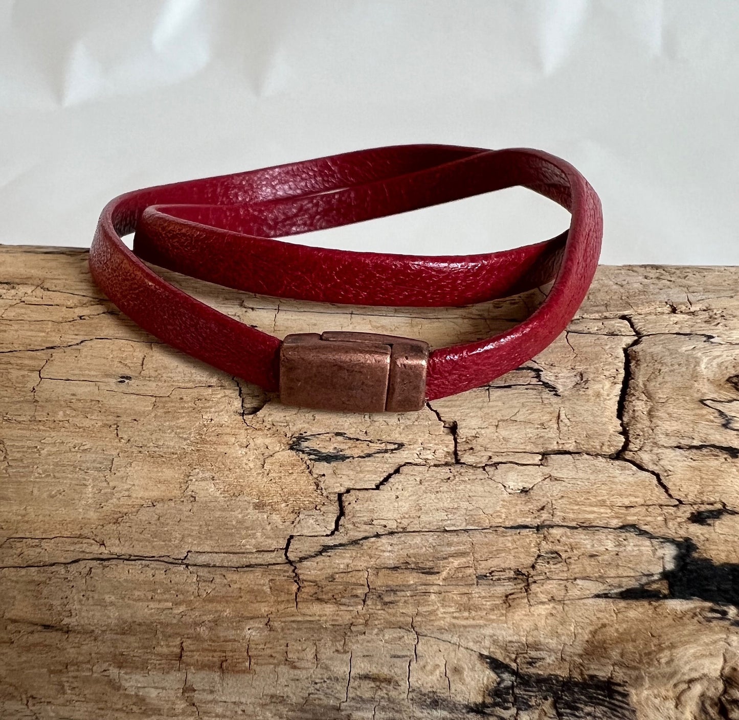 Italian rich red double wrap leather bracelet and sweet copper magnetic clasp.