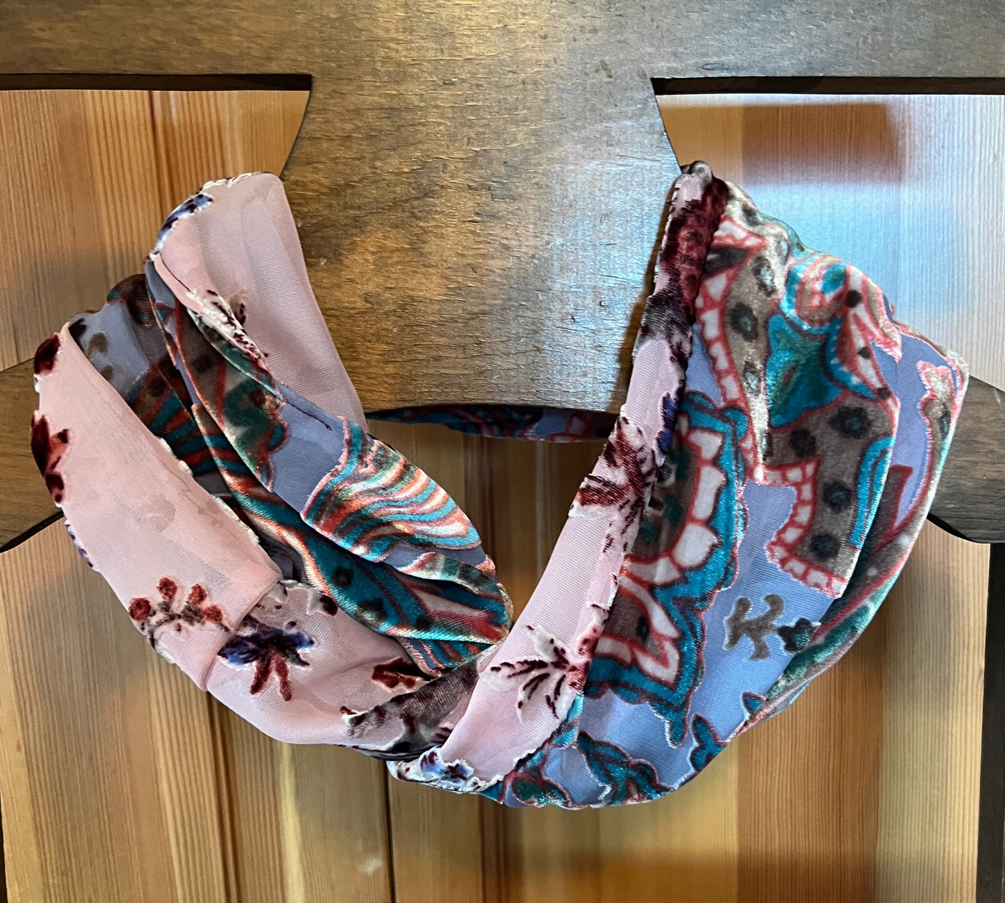 Exquisite pure silk and rayon velvet cowl. Single wrap for comfort, and beauty on your neck.  Double sided for intrigue and more beauty.