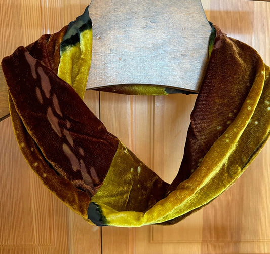 Exquisite pure silk and rayon velvet cowl. Single wrap for comfort, and beauty on your neck.