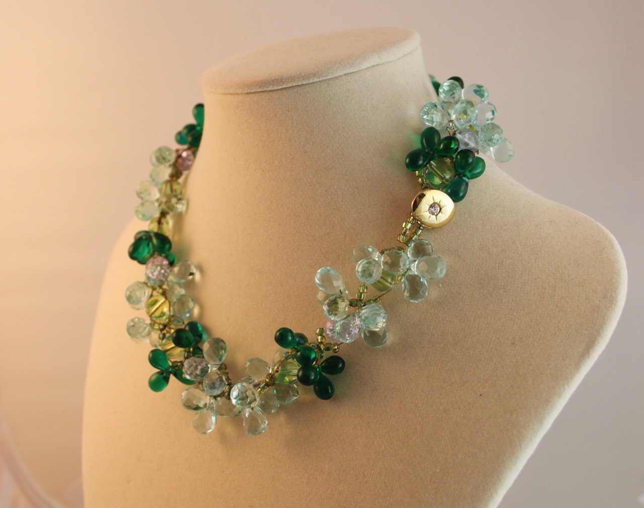 Exceptionally beautiful green and blue glass bead woven necklace. Worn as a piece of art on your neck.