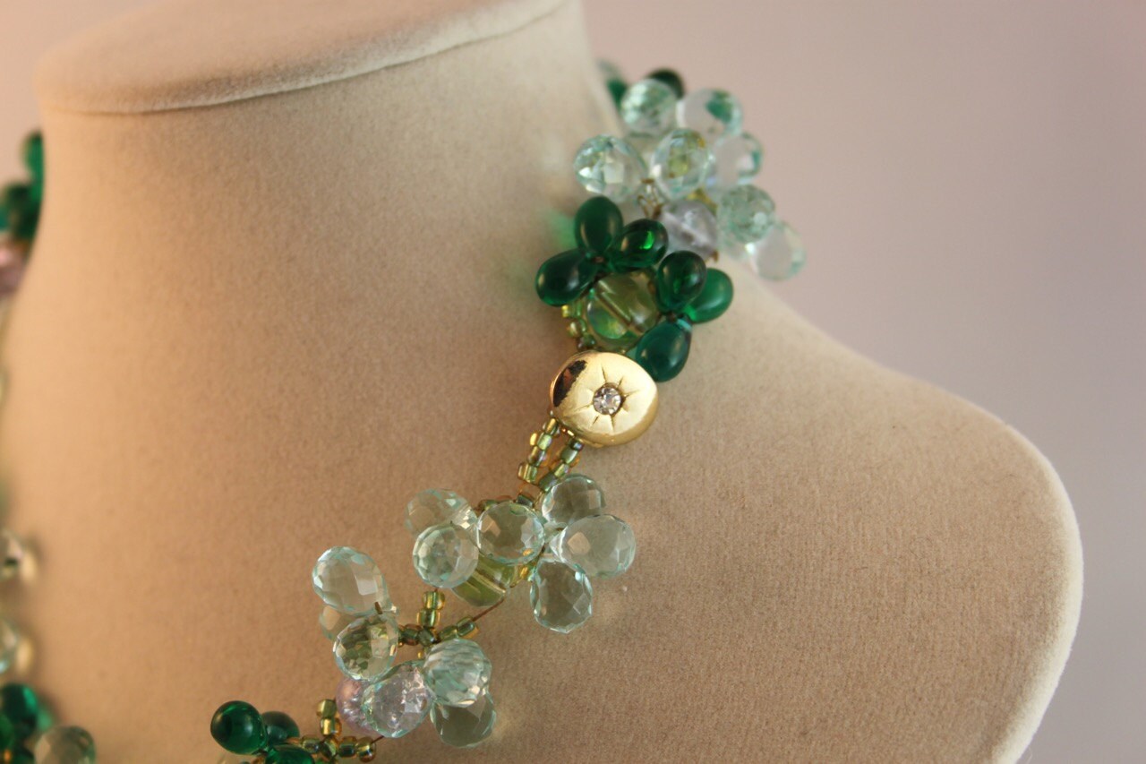 Exceptionally beautiful green and blue glass bead woven necklace. Worn as a piece of art on your neck.